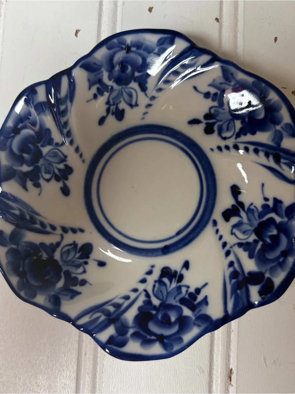 Vintage Russian Gzhel Porcelain Teacup and Saucer | Blue +White Floral - Picture 8 of 10